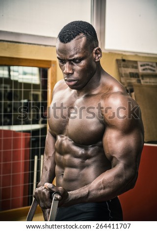 Hunky muscular black bodybuilder working out in gym, exercising biceps on machine.