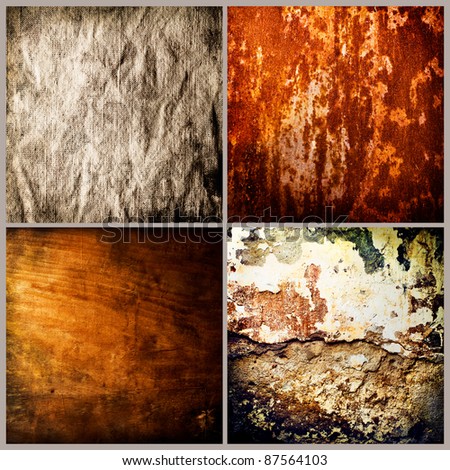 Grunge textures set. Old wood, metal, concrete, fabric