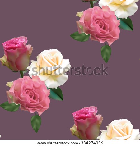 Seamless Pattern With White And Pink Roses On A Mauve Background