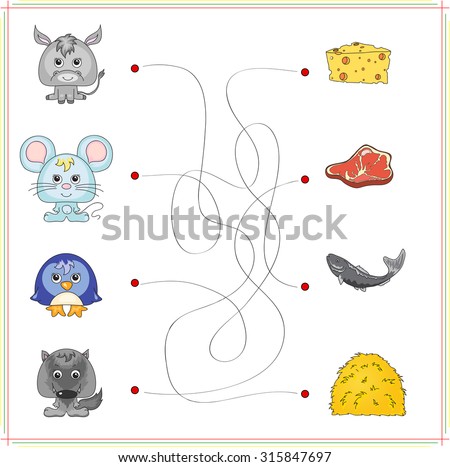 Donkey, mouse, penguin and wolf with their food (cheese, meat, fish and hay). Game for children: go through the maze and find the right answer