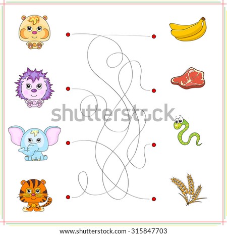 Hamster, hedgehog, elephant and tiger with their food (banana, meat, snake, worm, corn). Game for children: go through the maze and find the right answer