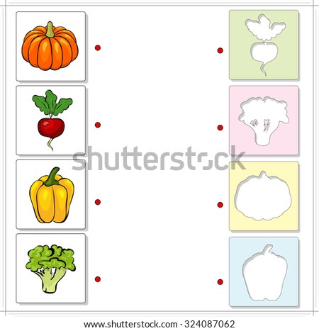 Pumpkin, radishes, peppers and broccoli. Educational game for kids. Choose the correct silhouettes on the opposite side and connect the points