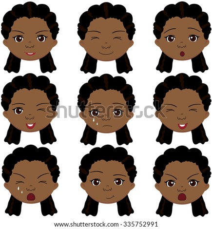 Afro girl emotions: joy, surprise, fear, sadness, sorrow, crying, laughing, cunning wink. Vector cartoon illustration