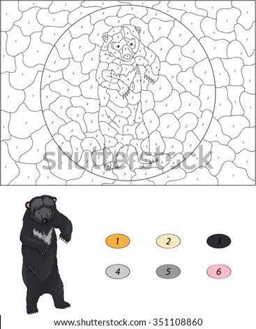 Color by number educational game for kids. Cartoon Asiatic black bear. illustration for schoolchild and preschool