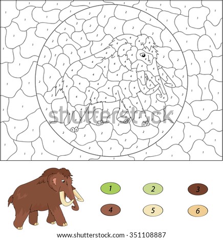Color by number educational game for kids. Cartoon mammoth. illustration for schoolchild and preschool