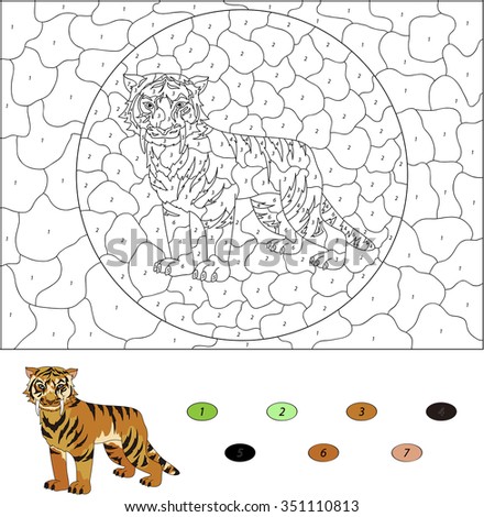 Color by number educational game for kids. Cartoon saber-toothed tiger. illustration for schoolchild and preschool