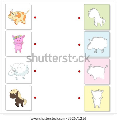 Cow, pig, sheep and horse. Educational game for kids. Choose the correct silhouettes on the opposite side and connect the points