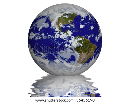 Planet Earth with small wavy reflection under it