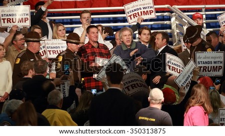 DECEMBER 11, 2015-DES MOINES, IOWA.  Protester at Donald Trump\'s rally