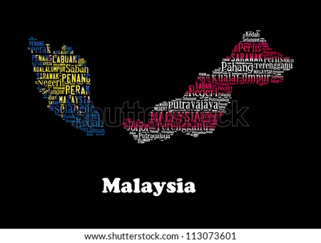 MALAYSIA map and words cloud with larger cities isolated on black background