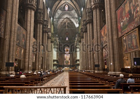 MILAN - APRIL 29: Inside view of the Cathedral Duomo of Milan,  dedicated to Santa Maria Nascente on April 29, 2012 in Milan, Italy. It is the fourth largest cathedral in the world with daily Masses.