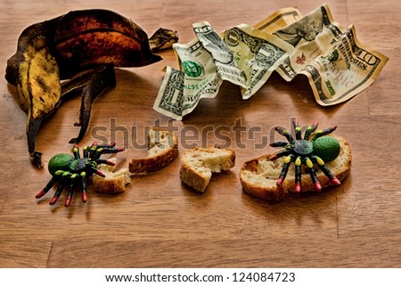 Apocalypse concept. What left on a table in dark room  when all people are gone: Spiders between  old bread crumbs, skin of a banana and dollars.