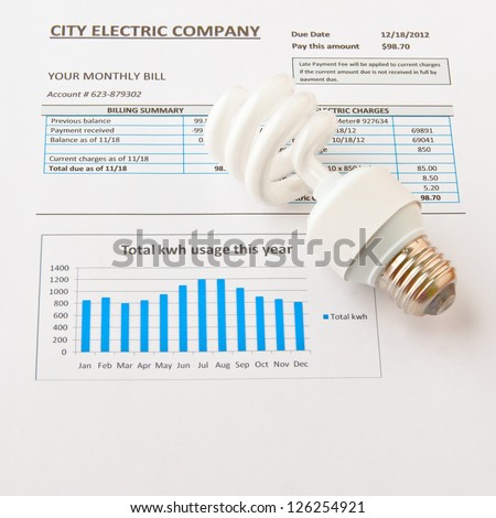 Energy efficient CFL bulb on electric bill. Energy efficient house concept.