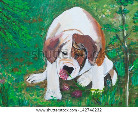 Original painting on canvas of American bulldog puppy smelling the flowers in forest.