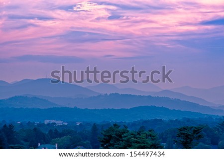 Beautiful sunset sky at the mountains landscape.  Blue Ridge Mountains, North Carolina, USA