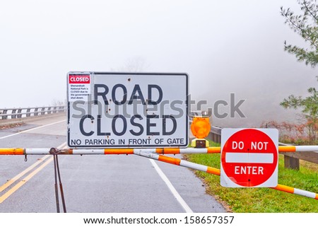 Road closed to Shenandoah National Park due to the government shutdown. Foggy day.