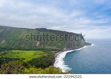 Beautiful coast line of Pacific ocean, Waipio valley, Hawaii.  In 1946 the most devastating tsunami in Hawaii\'s history swept the Waipio valley. Afterwards most people left the valley.