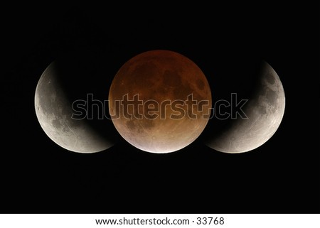 Total lunar eclipse composite illustrating the size of the earth\'s shadow in relation to the moon.