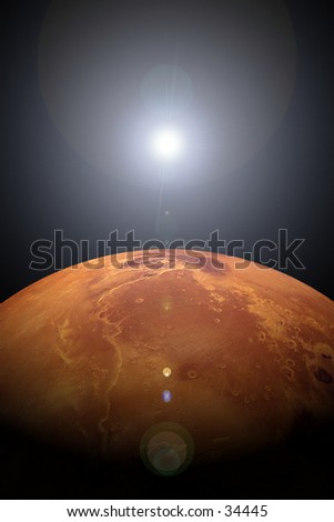 Photo illustration of a sunrise or sunset over Mars. Created on the computer.