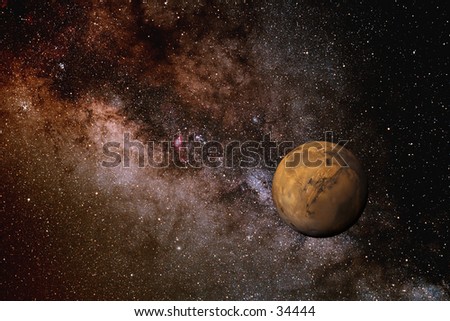 Photo illustration of Mars against the backdrop of the Milky Way galaxy. Created by combining two photographs on the computer.