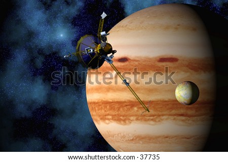 stock photo : Jupiter, Io, and the Galileo space Probe with star field 