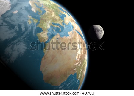 1st quarter moon rising over Europe and Africa. No stars in background. 3D computer generated image