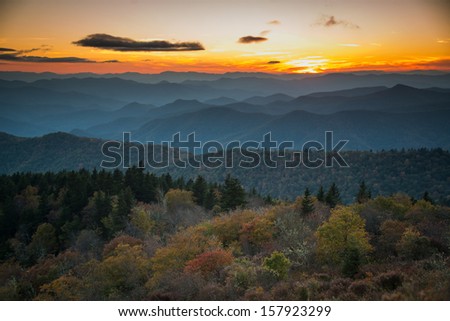 The Setting Sun. The sunset at Cowee Mountain Overlook on the Blue Ridge Parway. The fall has arrived.