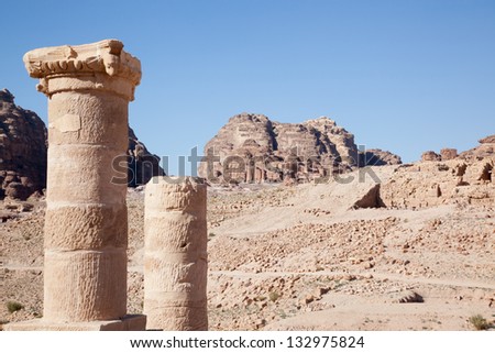 Broken columns and old ruins from the Middle East Lost City of Petra in Jordan, a tourists adventure