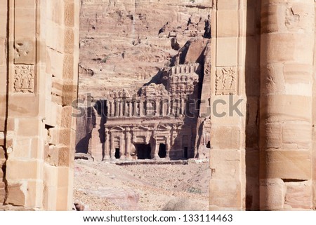 Middle East Lost city of Petra, Jordan, a tourist adventure of first century ruins and buildings carved out of the face of stone cliffs, tombs through the columns