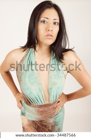 Attractive hispanic woman with open blouse