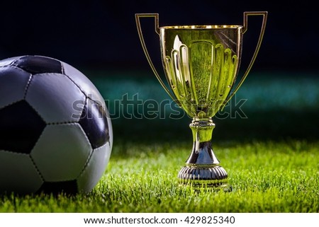 Football cup with football ball on grass by night