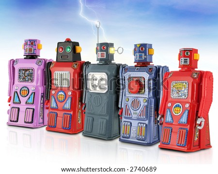 Colorful Gang of Tin Toy Robots