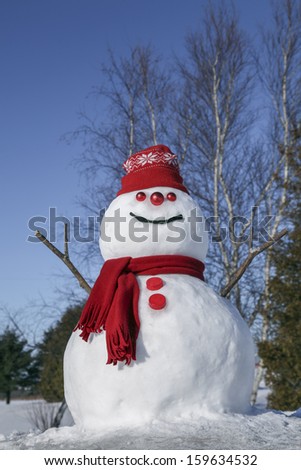 Amusing and festive snowman on a beautiful winter day