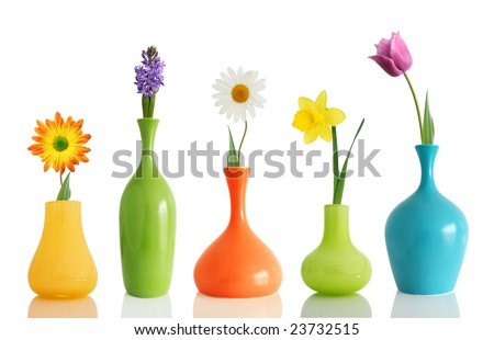 Spring flowers in vases isolated on white