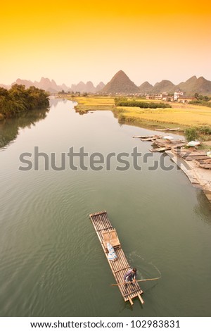 Bamboo rafts in the Yulong River, a small tributary of the larger Li River