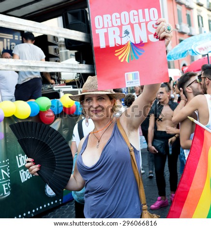NAPLES, ITALY-JULY 11:Some participants in Gay Pride every year brings together thousands of gay people and not to claim the rights to sexual freedom and against homophobia on  july 11, 2015 in Naples