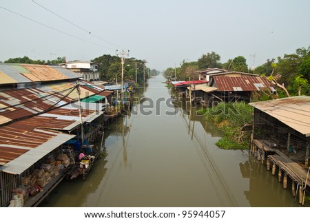 Wood houses on the river. The market for 100 years, Thailand on