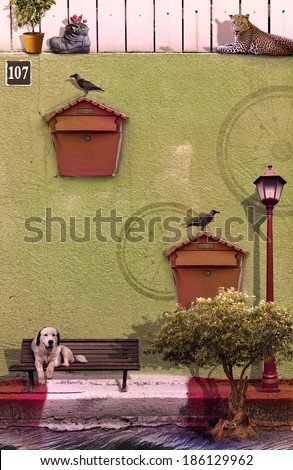 Creative photo manipulation artwork with retro look of relaxing animals  and mailboxes on green wall