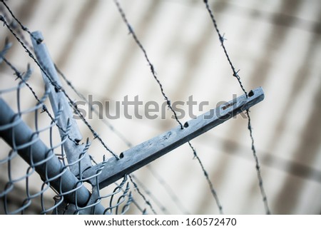 Outdoor Fence Detail of Sharp Barbwire Installation. Security and Protection Concept