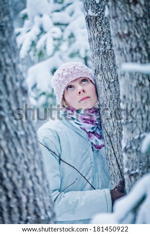 Calm Woman in Forest Listening the what Mother Nature have to Say