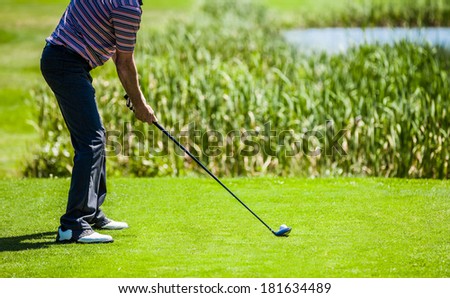 Golfer on a Golf Course on the Start with lot of Copyspace for your text (preparation)