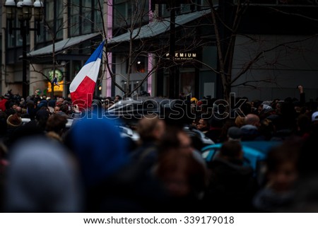 November 14th 2015, Montreal Canada. People Grouping in front of the France consulate in memory of the Jihadists ISIS Terrorist Raid in Paris