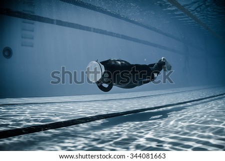Montreal, CANADA - May 30th, 2015. Official AIDA Freediving Pool Competition Taking place in the Parc Jean-Drapeau Olympic Pool. Dynamic Without Fins (DNF) Performance from Underwater