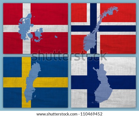 Flags and maps of Scandinavian countries on a sackcloth