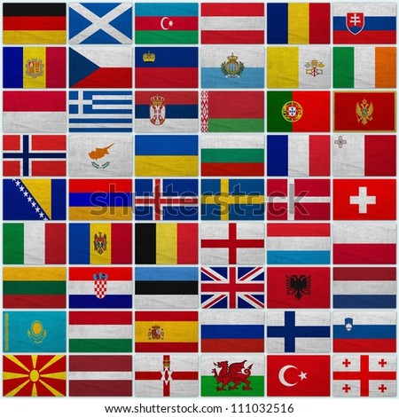 Flags of all European countries on a sackcloth background