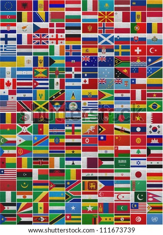 Flags of all World countries on a sackcloth background