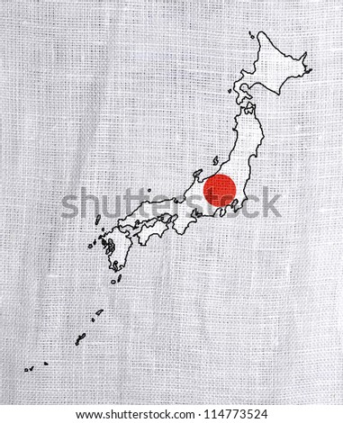 Flag and map of Japan on a sackcloth background