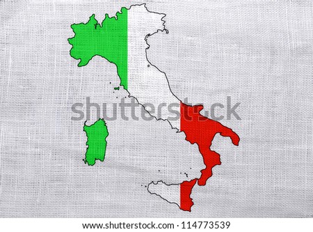 Flag and map of Italy on a sackcloth background