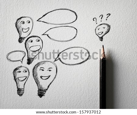 Pencil sketch of Lamp idea talking concept on white paper