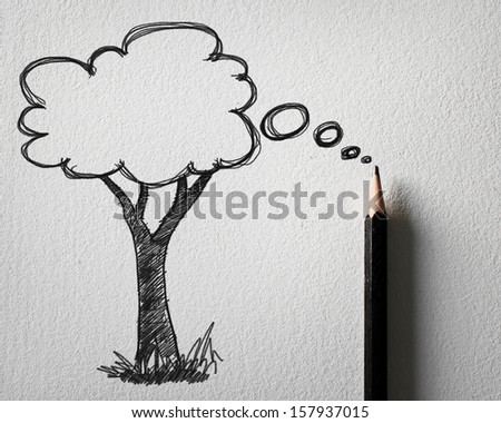 pencil sketching of tree bubble concept on white paper